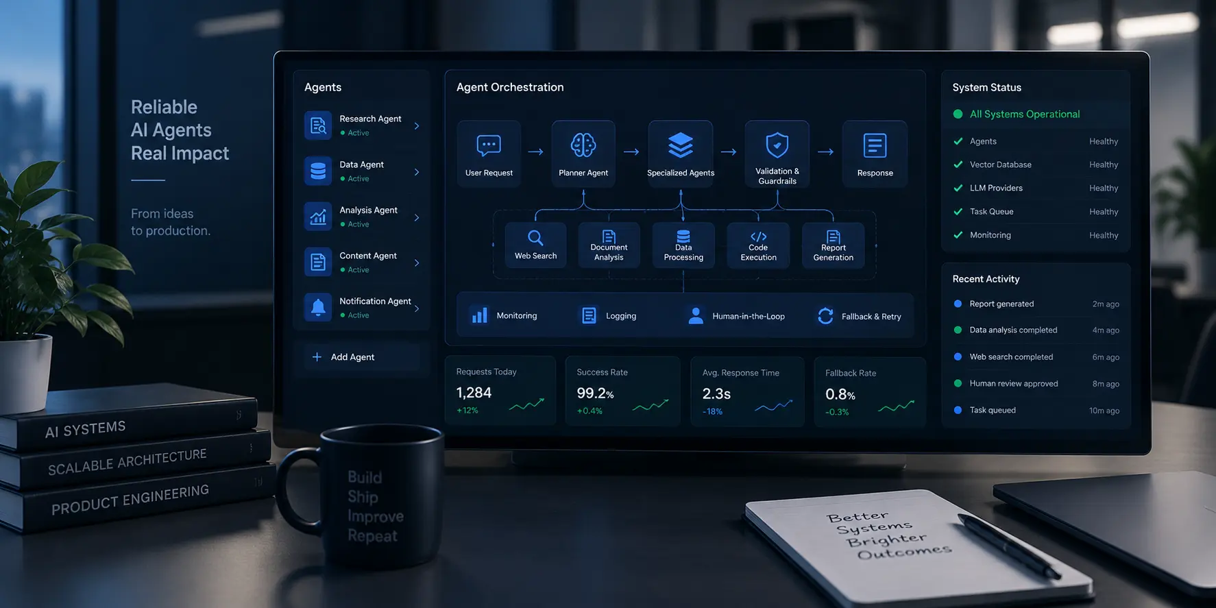Illustration of an AI agent orchestration dashboard showing agent status, workflow steps, and system metrics on an office desk